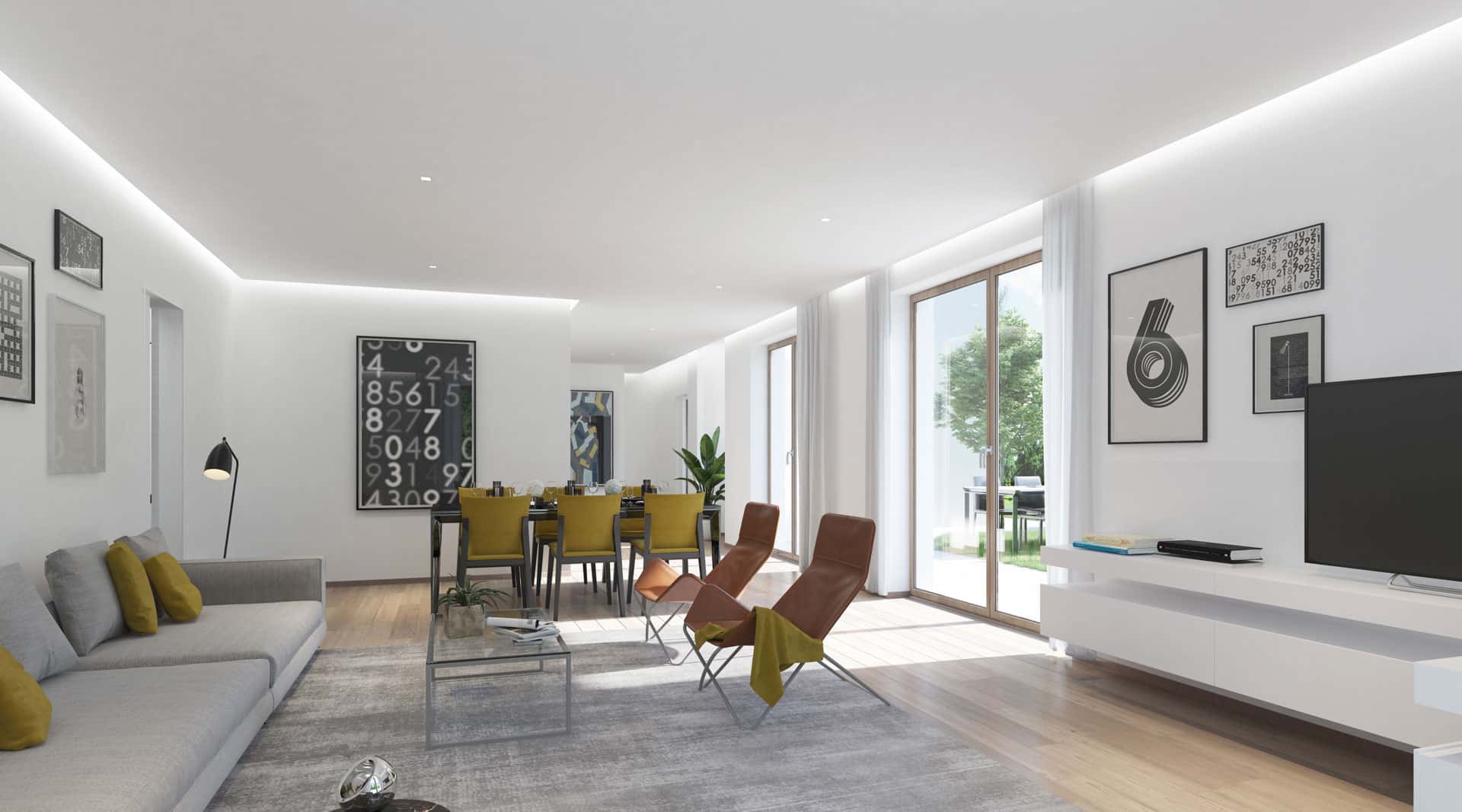 Living moderno con accenti senape